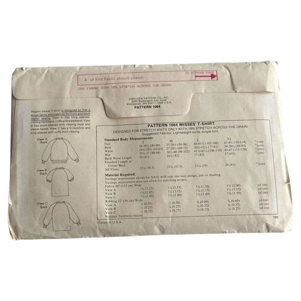 Vintage Kwik Sew Misses' T-Shirt Pattern 1084 Size S-M-L-XL New Sealed Deadstock